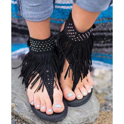 Thong Flat Sandals With Tassels, Casual Summer..