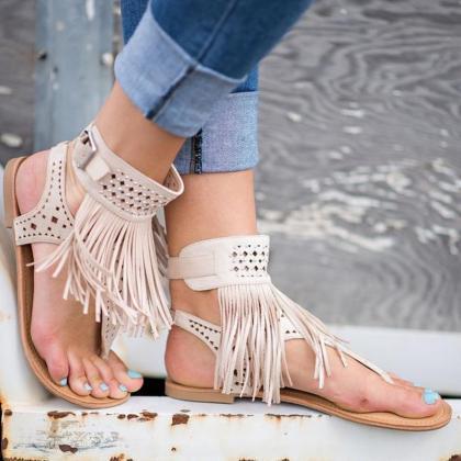 Thong Flat Sandals With Tassels, Casual Summer..