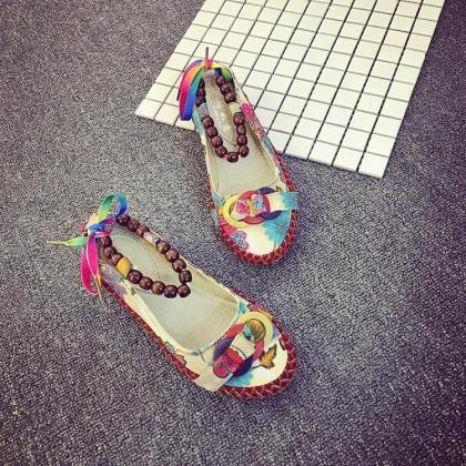 Round Toe Floral Print Boho Loafers With Beaded..