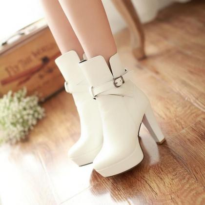 Ankle Boots Women Pure Color Leather High Heel