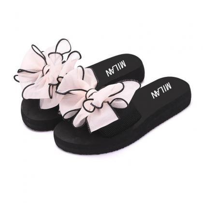 Flip Flops Women Solid Floral Bow Casual Flat