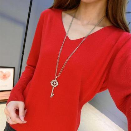 Knit Plunge V Long Cuffed Sleeves Sweater