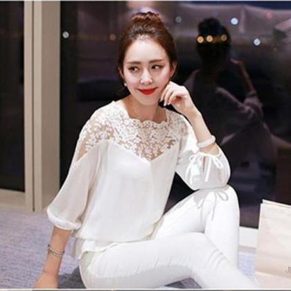 Womens Slim Lace Mesh Casual Long Sleeved O-neck..
