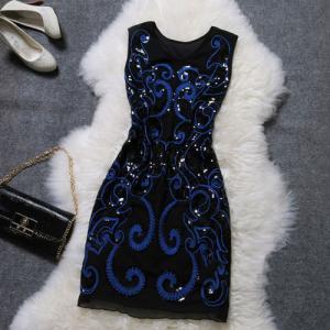 Embroidered Sequins Sleeveless Elastic Bodycon..