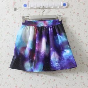 Fantasy Purple And Blue Galaxy Print Elastic Skirt