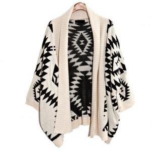 Oversized Aztec Geometry Print Knitted Cardigan -..