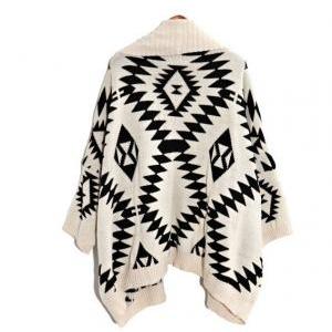 Oversized Aztec Geometry Print Knitted Cardigan -..