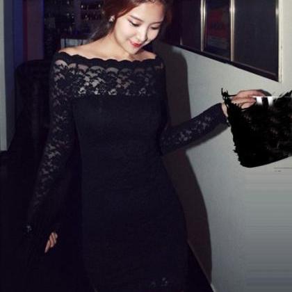 Chic Lace Patchwork Boat Neck Long Sleeve Black..
