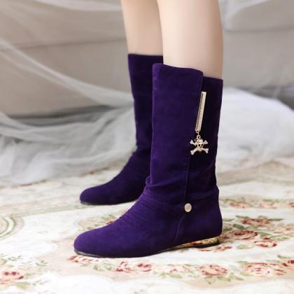 Women's Pure Color Flat Heel Suede Metal Decoration Knight Boots on Luulla