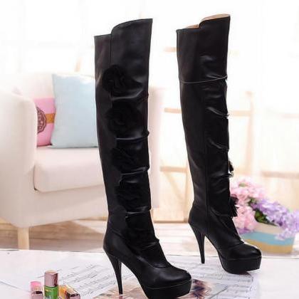Knee High Boots Women Fashion Strap Solid Flowers
