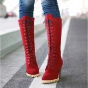 Punk Style Lace up High Heel Boots Red