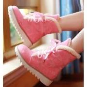 Stylish Fur Thick Lace-Up Dentoid Flat Soles Boots Pink