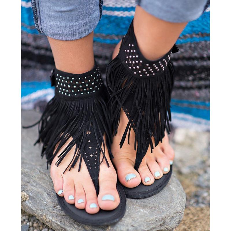 Thong Flat Sandals With Tassels, Casual Summer Shoes