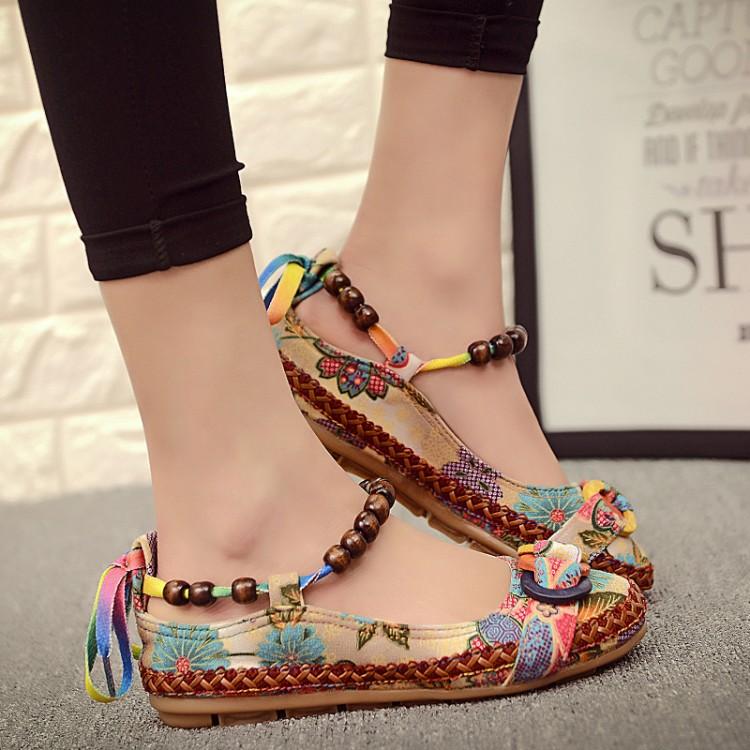 Round Toe Floral Print Boho Loafers With Beaded Lace-up Ankle Straps