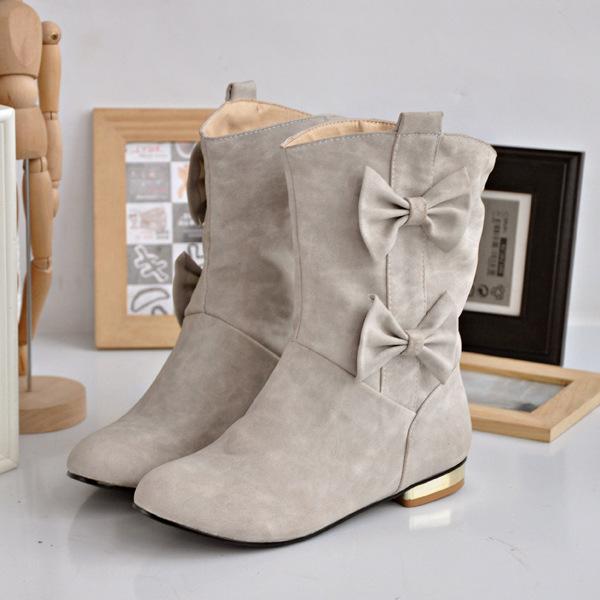 Womens Cute Bowknot Suede Casual Round Toe Flat Heel Ankle Boots