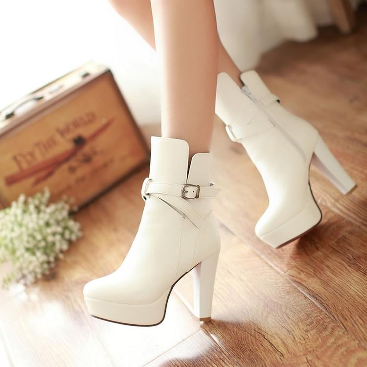 Ankle Boots Women Pure Color Leather High Heel