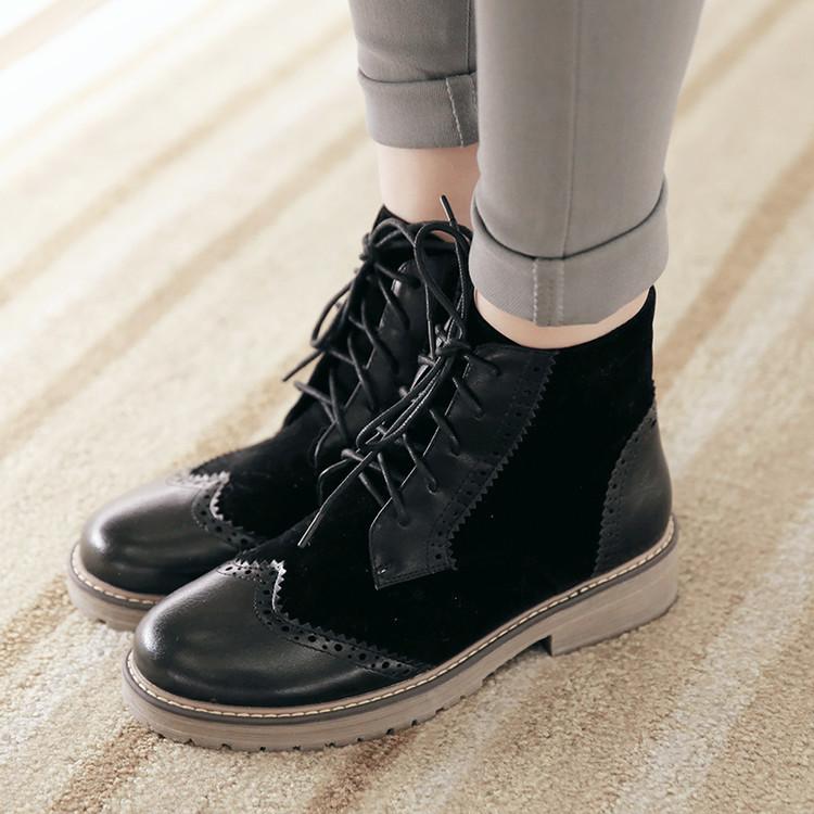 Pu Mixed Color Round Toe Lace Up Low Heel Short Boots