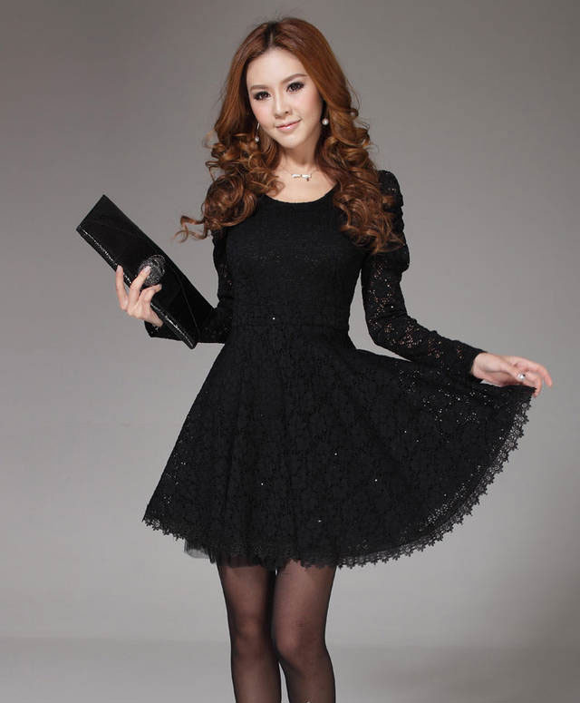Womens Dress Long Sleeved Bottoming Lace Dress Skirt-black