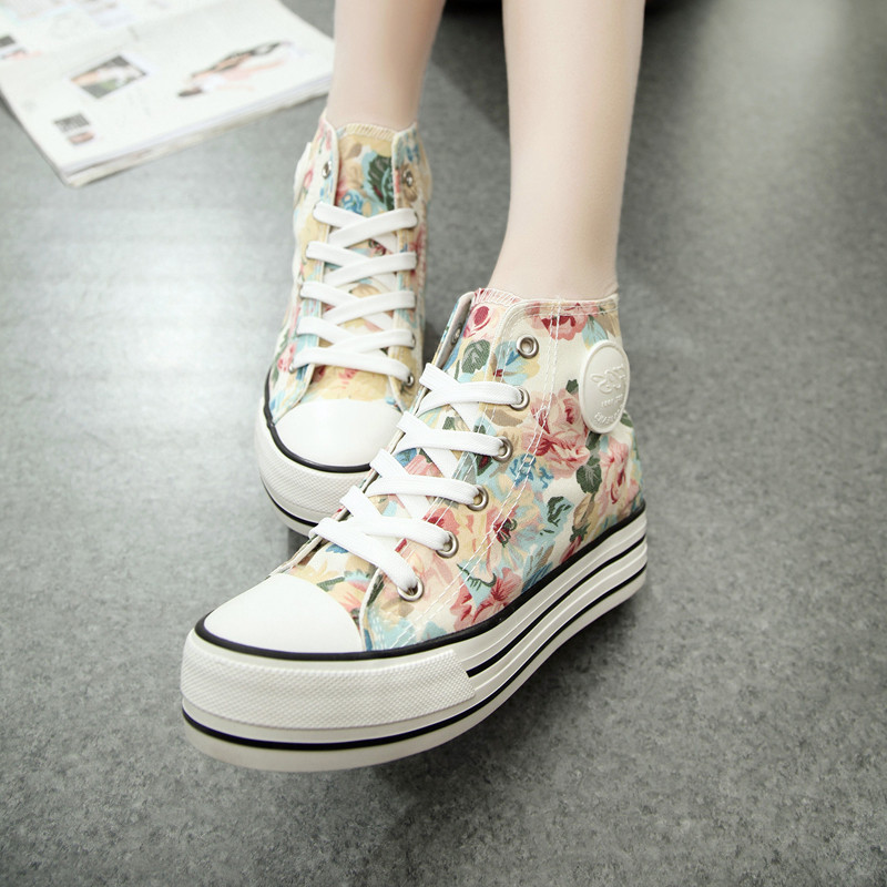 Women's Floral Print High Top Thick Soled Canvas Sneaker 040520 on Luulla