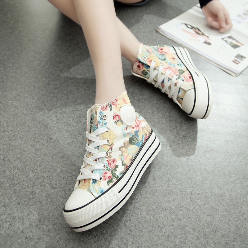 Women's Floral Print High Top Thick Soled Canvas Sneaker 040520 on Luulla