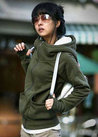 Korean Stylish Fleece Inside Hooded Coat With Pockets Army Green
