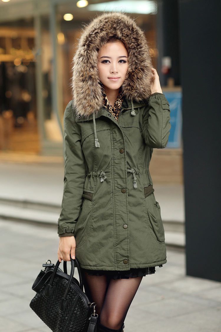 olive green winter coat with fur hood