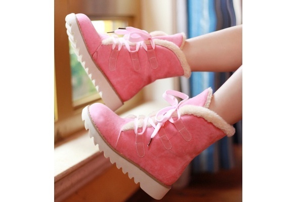 Stylish Fur Thick Lace-up Dentoid Flat Soles Boots Pink