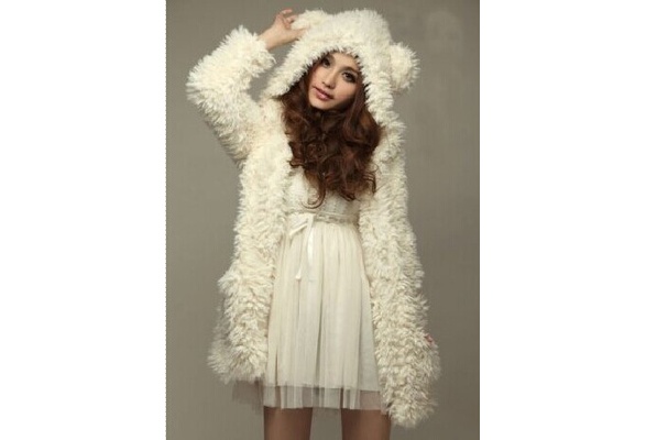 Winter Teddy Princess Bear Ears Soft Fur Fun Beige Hoodie Coat Top Jacket Outwear For Women