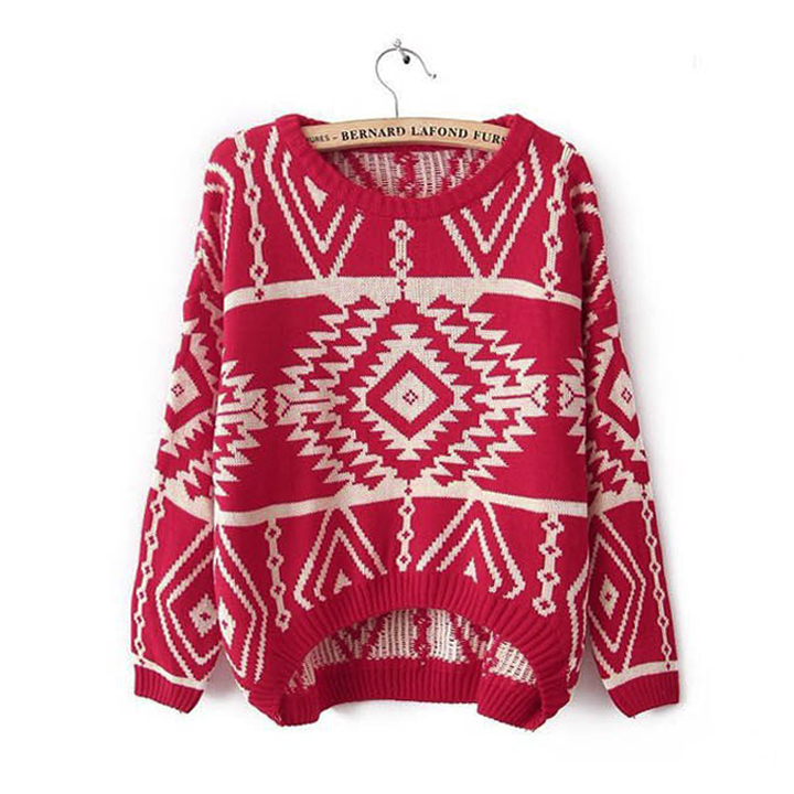 Red Aztec Sweater Knit Knitted Jumper Oversized Oversize Women Tribal Geometry Tribe Geometric Long Sleeve Print Loose Fit