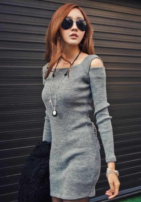Gray Pullover Dress Tops With Square Neckline