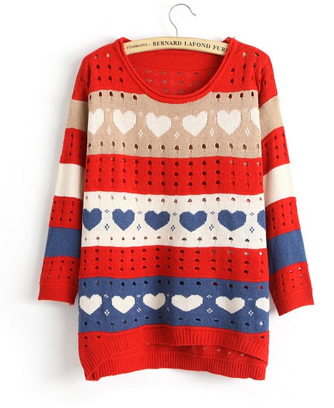 Cute Love Style Hollow Loose Women Knitting Sweater - Red