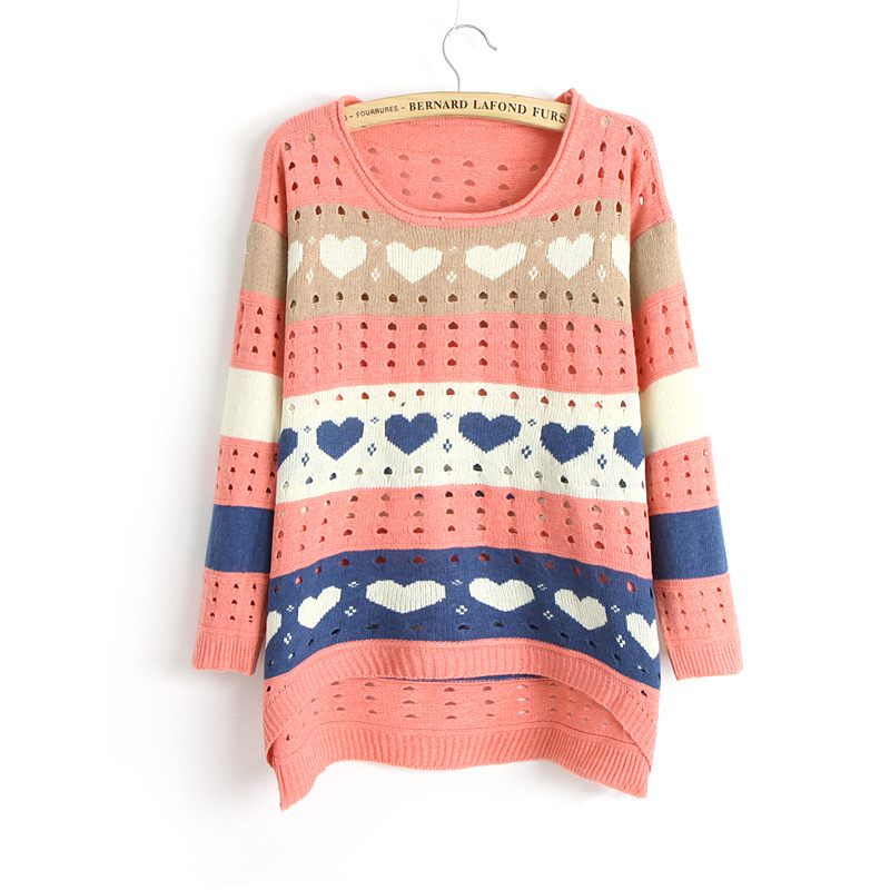 Cute Love Style Hollow Loose Women Knitting Sweater - Pink