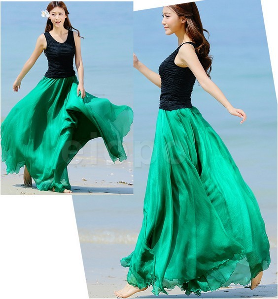 Emerald Green Long Chiffon Skirt Maxi Skirt Ladies Silk Chiffon Dress Plus Sizes Sundress Beach Skirt