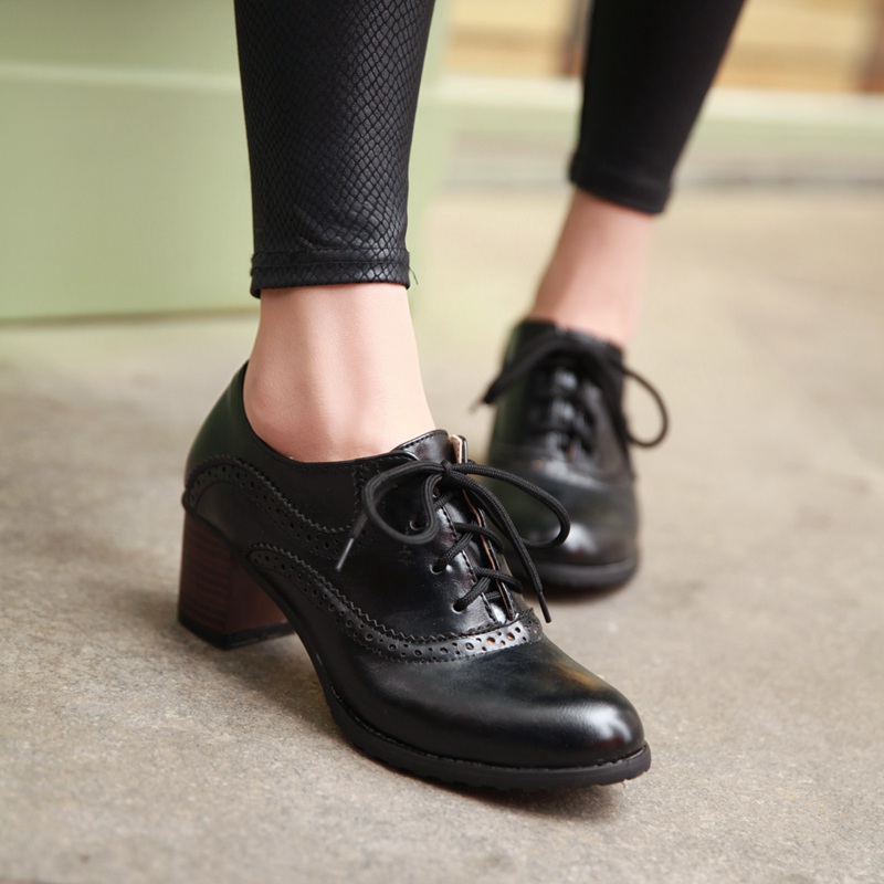 Women Oxfords High Block Heels Shoes Wingtip Lace Up Pumps Brogue Retro Boots 