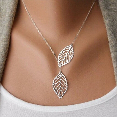 Simple Metal Double Leaf Pendant Alloy Choker Necklace Silver