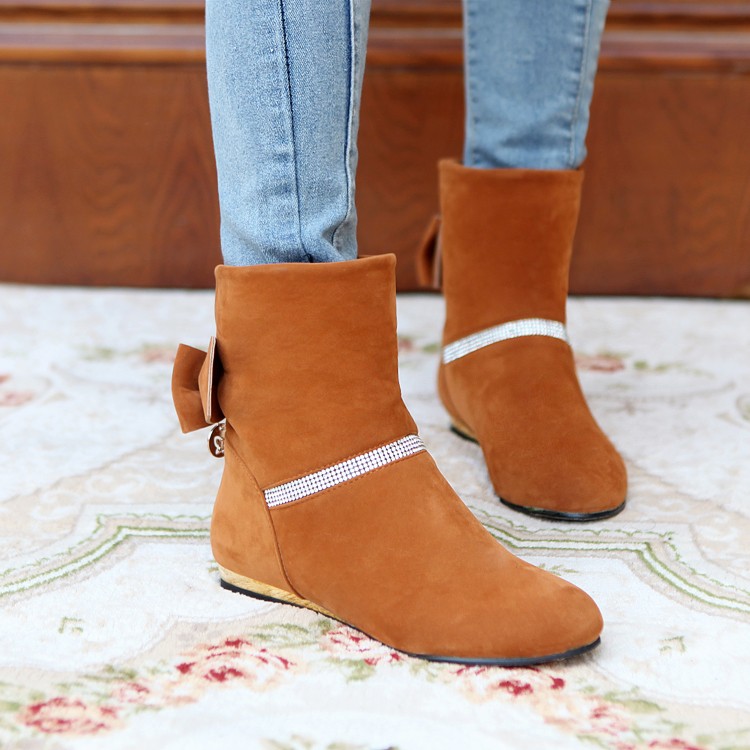 Women's Pure Color Flat Heel Suede Bowknot Short Martin Boots