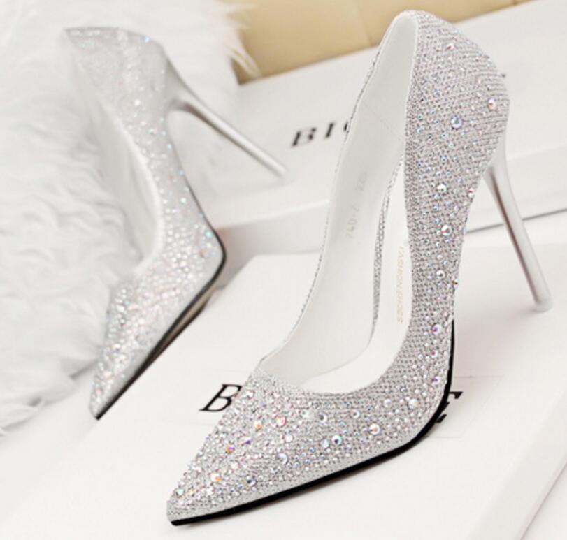 Women's Pure Color Pointed Thin Pumps With Crystal