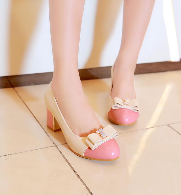 Pumps Heels Women College Style Bow Rhinestone Mixed Colors Round Toe Thick Heel