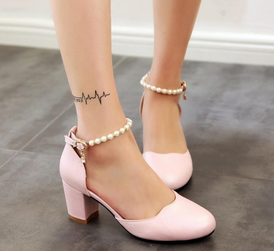 Sandals Heels Women Fashion Sweet Beaded Rhinestone Hasp Thick Heel Solid