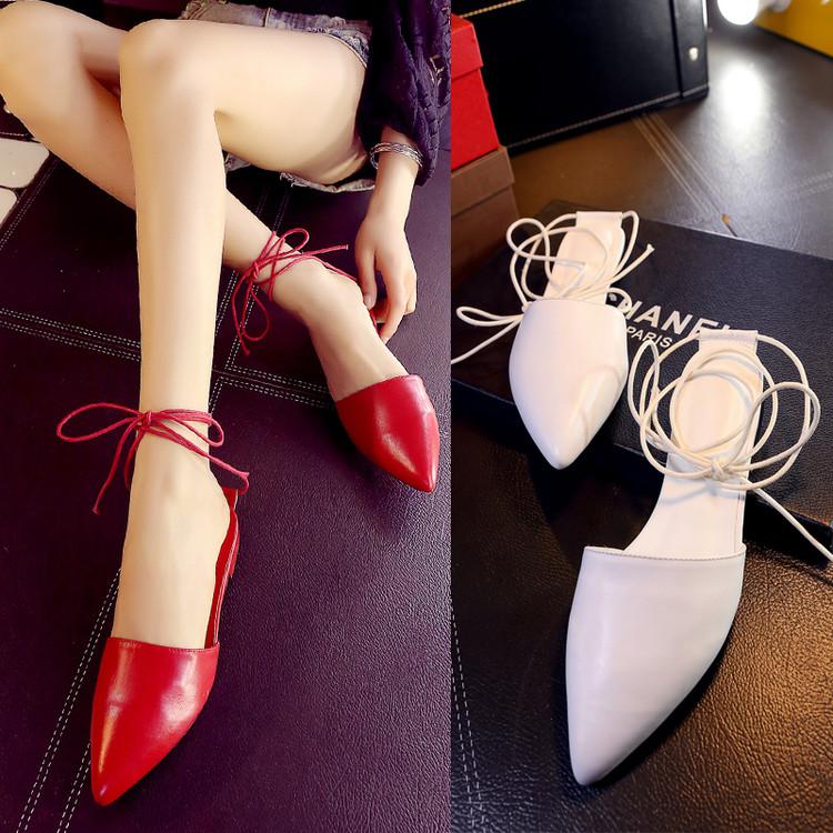 Women Solid Lace Up Pointy Toe Flat Slippers