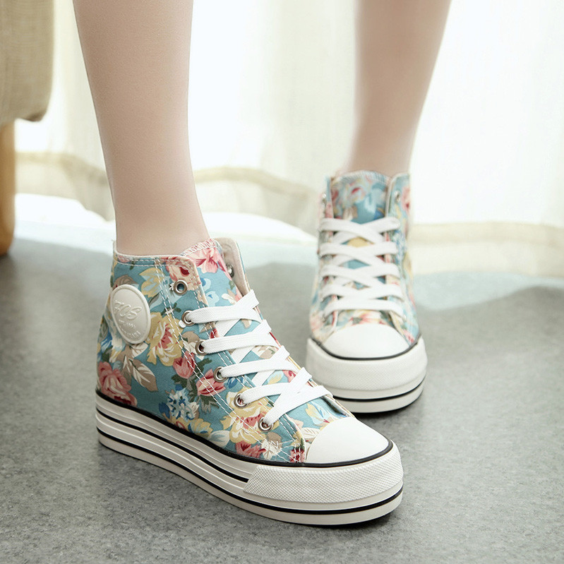 Women's Floral Print High Top Thick Soled Canvas Sneaker 040520 on Luulla
