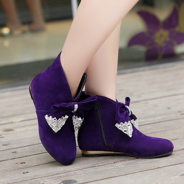 Women's Pure Color Low Heel Wedge Heel With Side Zippers Bowknot Martin ...